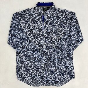 Prestige Albert Mens Size 44 Button Up Shirt‎ White Black Paisley Long Sleeve
